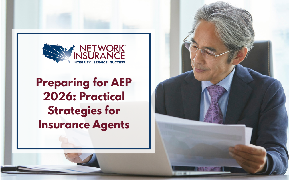 Insurance agent reviewing AEP 2026 strategy checklist on a laptop